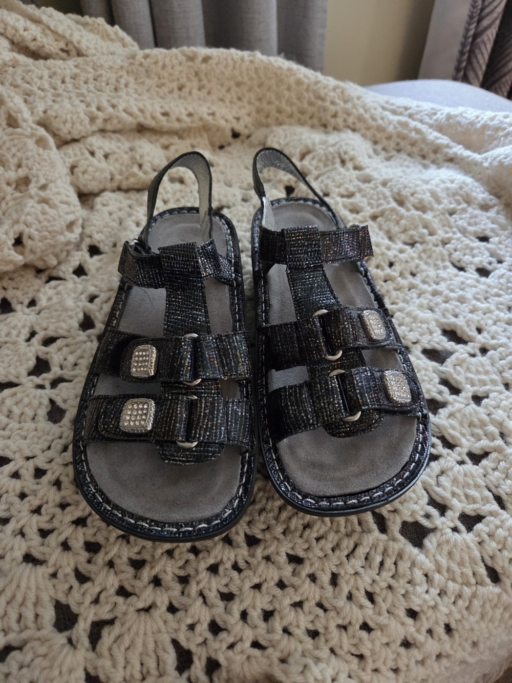 Ladies Black Sparkle Multi-Buckle Slingback Sandals